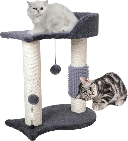 Cat Tree Tower, Multifunction Cat Scratching Post for Indoor Cats Featuring with Fish-Shaped Rest Platform Cat Self Groomer Danging Ball Spring Ball, Grey