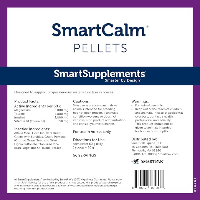 SmartCalm Pellets Horse Calming Supplement | No Added Sugar or Herbs | Equine Supplement | 56 Servings | 7.5 lb Bag