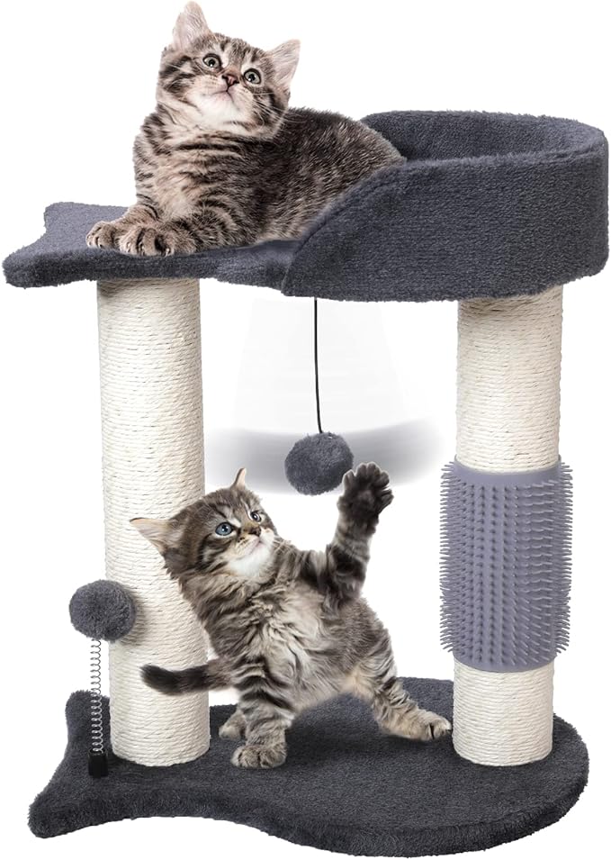 Cat Tree Tower, Multifunction Cat Scratching Post for Indoor Cats Featuring with Fish-Shaped Rest Platform Cat Self Groomer Danging Ball Spring Ball, Grey