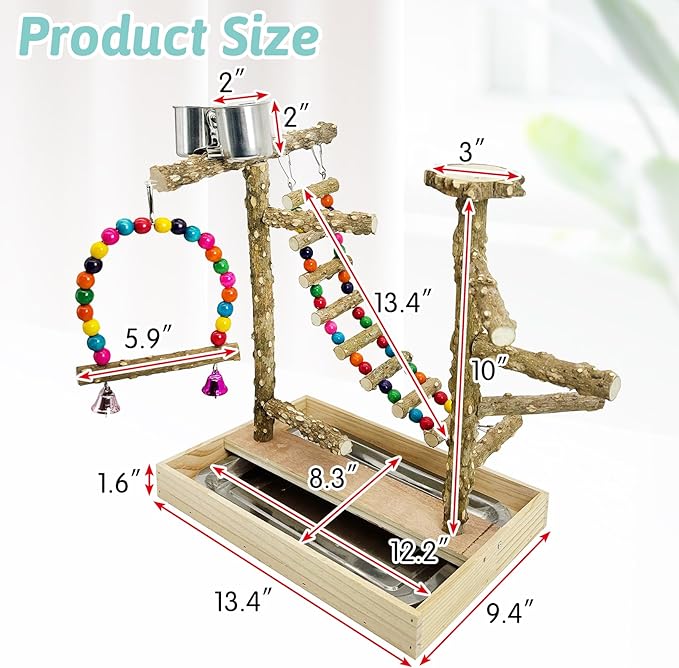 PINVNBY Bird Playground Natural Wood Parrot Perch Stand Bird Play Gym Colorful Climb Ladder Swing with Metal Tray and 2 Stainless Steel Cups Bird Cage Accessories for Conure Cockatiel Parakeet Lovebir