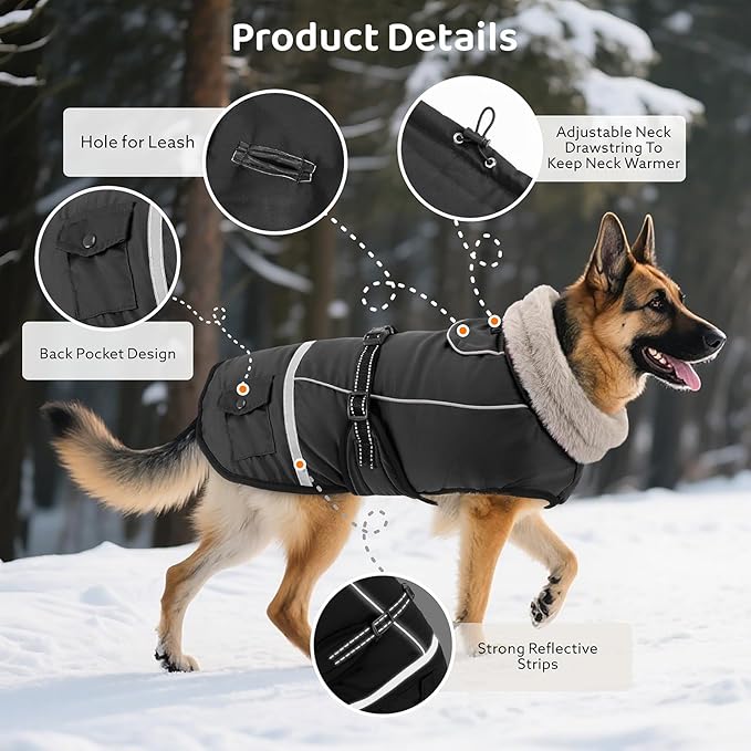 Dog Coat, Dog Winter Coat Jacket Waterproof for XXL Large Dogs, Pet Vest Warm Fleece Cozy for Cold Weather, with Harness Built in Reflective, Dogs Snowsuit Windproof, Adjustable Buckle