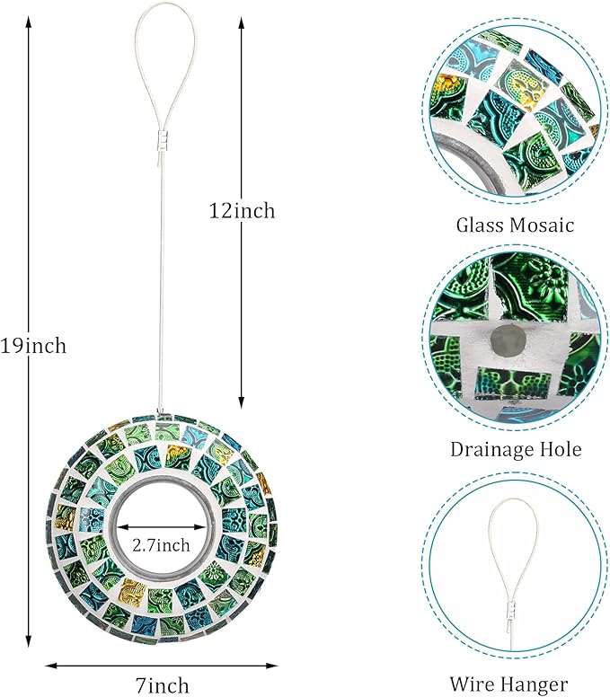 Yinns Bird Feeder - Fly Through Birds Feeder for Outside, Hanging Mosaic Glass Birdfeeder for Outdoors Circle Wild Bird Seed Container, 7-inch Green