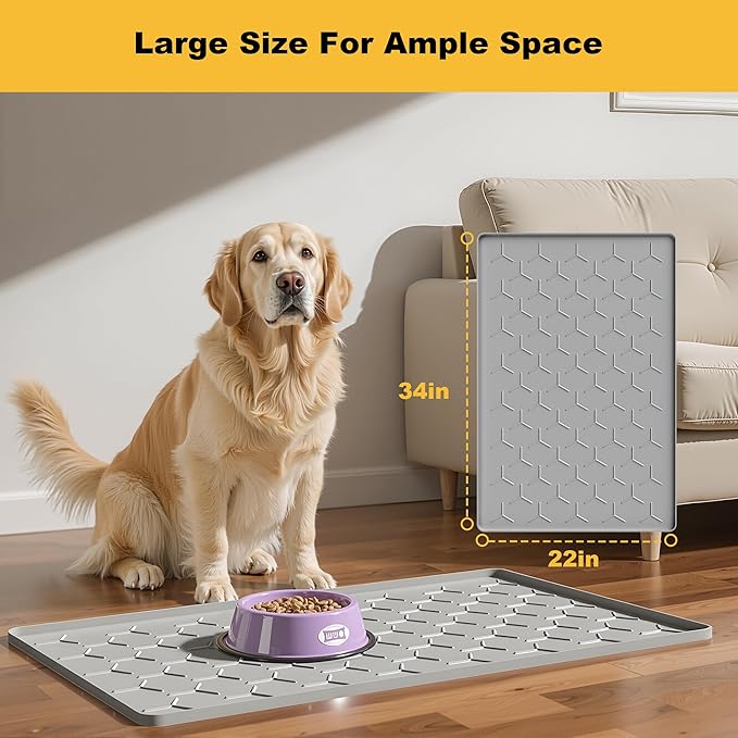 Pieviev Dog Cat Food Bowl Mat, Silicone Waterproof Food Grade Pet Food Mat for Floor, High Raised Edge to Prevent Spills, Non-Slip & Easy Clean Pet Placemat for Dog & Cat Bowls, 34''x22'', Light Gray