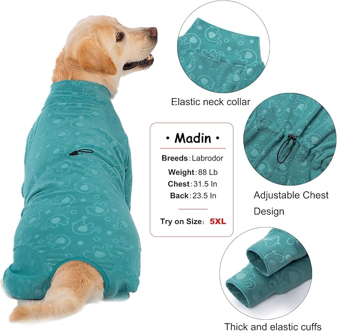 Dog Coats Autumn Winter Jumpsuit for Large Medium Dogs, Warmer Recovery Suit Polar Fleece Dog Bodysuit Lightweight Pajamas Pullover Stretchy Onesie Four-Legged Cold Weather Clothes (2XL, Green)