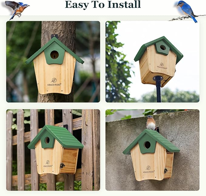 Kingsyard Blue Bird House for Outside - Cedar Wood Nesting Box with Clear View Panel & Predator Guard for Bluebird Wren Swallow Cardinal Finch, Green
