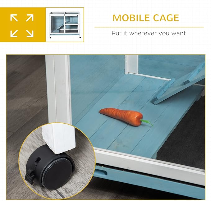PawHut Rabbit Hutch with Wheels, Desk and Side Table Sized, Wooden Rabbit Cage, Waterproof Small Bunny Cage with Removable Tray, Openable Roof, for Indoor & Outdoor, Light Blue