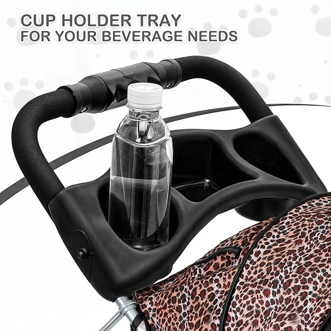 MoNiBloom 3 Wheels Pet Dog Cat Stroller for Small Medium Dogs Cats, Lightweight Foldable Jogger Stroller w/Storage Basket & Cup Holder, Leopard Print