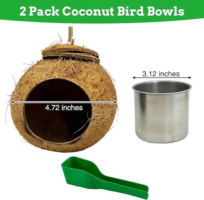 Coconut Bird Bowls for Cage 2-in-1 Coconut Shell Birds Feeder Set of 2 Hanging Parrot Cage Feeders Natural Parakeet Food and Water Dishes for Lovebirds Finches Budgies Cockatiels