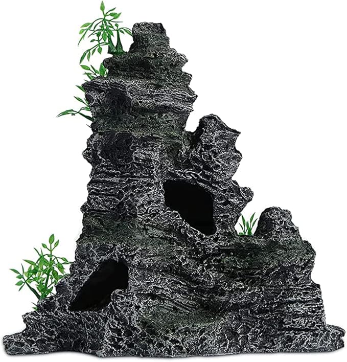 AnRui Aquarium Mountain View Rock Landscaping Decorations Fish Tank Resin Rock Hiding Cave Ornaments with Small Plant
