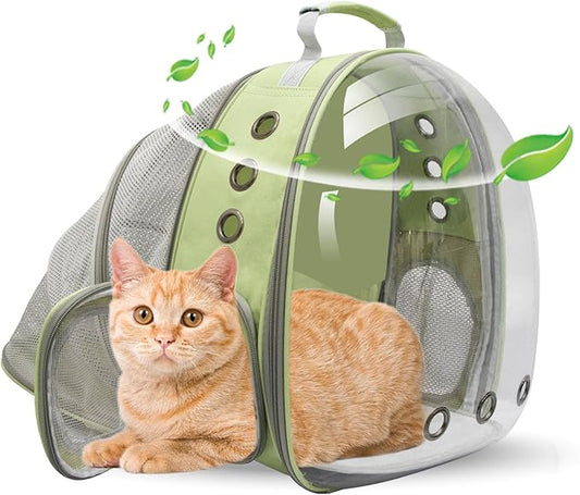 Cat Backpack Carrier Bubble Expandable Foldable Breathable Pet Carrier Dog Carrier Backpack for Large Big Cats Hiking, Travelling, Camping (Back Expandable-LightGreen)
