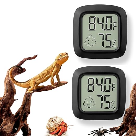 2 PCS Reptile Thermometer and Humidity Gauge for Bearded Dragon with On-Off, Reptile Tank Accessories for Jumping Spider, Leopard Gecko, Hermit Crab, Gecko, Ball Python, Lizard