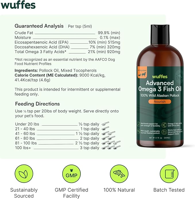 Wuffes Advanced Omega 3 Fish Oil for Dogs, Natural EPA & DHA Fatty Acids, Supports Healthy Skin and Coat, Joint Nutrition, Digestion & Immune System - 100% Pure Wild Alaskan Fish Oil - 8 Oz