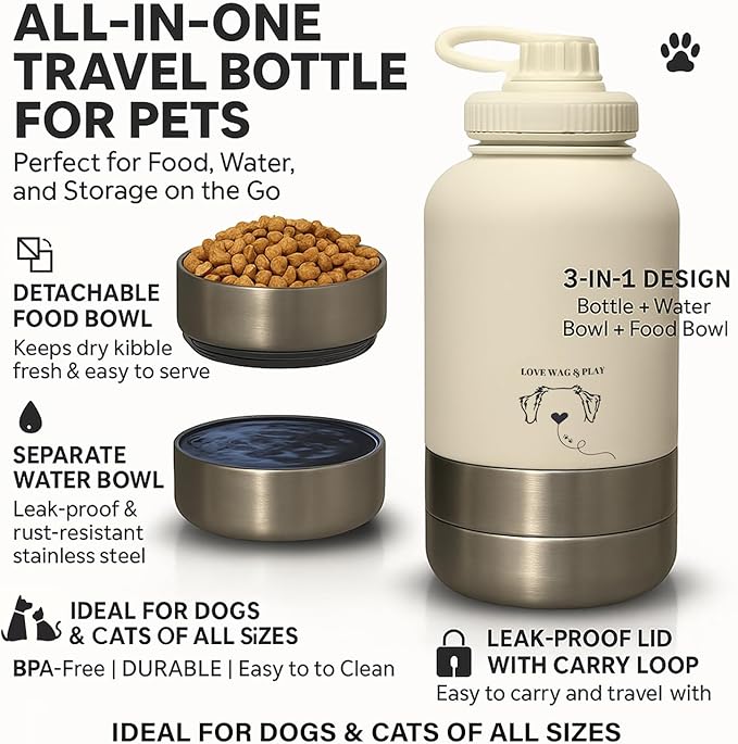Love Wag & Play Dog Water Bottle Portable – 2 in 1 Stainless Steel Bowl for Food, Water – Leakproof Portable Water Bowl for Dog with Carry Loop – Detachable Design – Ideal for Kibble, Treats (Brown)