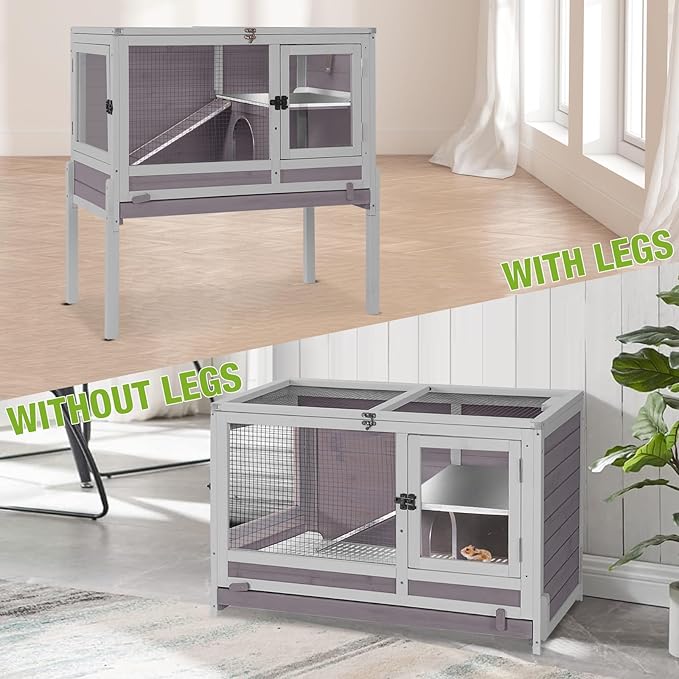 Wooden Guinea Pig Cages Indoor,Two-Story Wooden Rabbit Cage Hutch with Removable Stand and Pull Out Tray, Small Animals Cage Habitat with Ramp and Plastic Mesh(Grey&Purple)