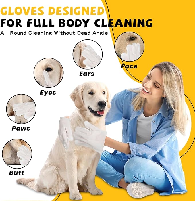 Pet Glove Wipes for Dogs Cats Disposable Dog Wipes Cleaning Deodorizing for Fur Paws and Butt Rinse Free Shampoo Mittens Cat Grooming Bath Wipes 20PCS