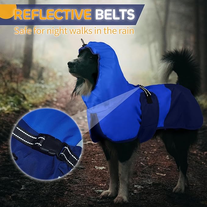 Dog Raincoat Waterproof Reflective Rain Coat with Adjustable Belly Strap & Leg Straps, Hooded Dog Rain Jacket with Leash Hole, Windproof Puppy Rain Gear for Small Medium Large Dogs