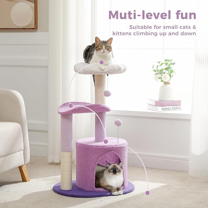 PAWZ Road Cat Tree,32 Inches Purple Flower Cat Tower with Sisal Covered Scratching Post, Cozy Condo, Plush Perches and Fluffy Balls for Indoor Cats