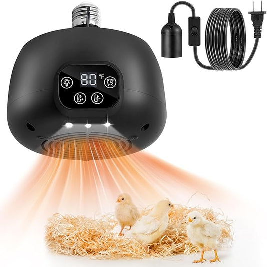 Chicken Coop Heater, 200W Chicken Heater with Lighting and Temperature Control, Heating Lamp with Digital Display, 5Ft Cable Brooder Lamp for Reptiles/Duck/Lizard(Remote not Include)