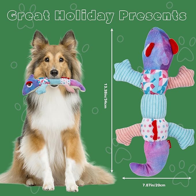 Crinkle Dog Toys Squeaky Plush No Stuffing Cute Puppy Stuffless Tough Rop Pull Toy, Fun Dog Stuffed Animals Durable Chew Set for Small Medium Large Pup (Large, Purple Chameleon)