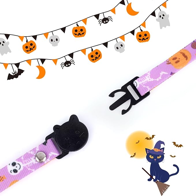3pcs Halloween Cat Collars with Bells, Polyester Adjustable Breakaway Festive Kitten Puppy Collars Playful Holiday Accessories for Small Dog Kitty Pets (Black Cat, Bat, Cross Pattern)
