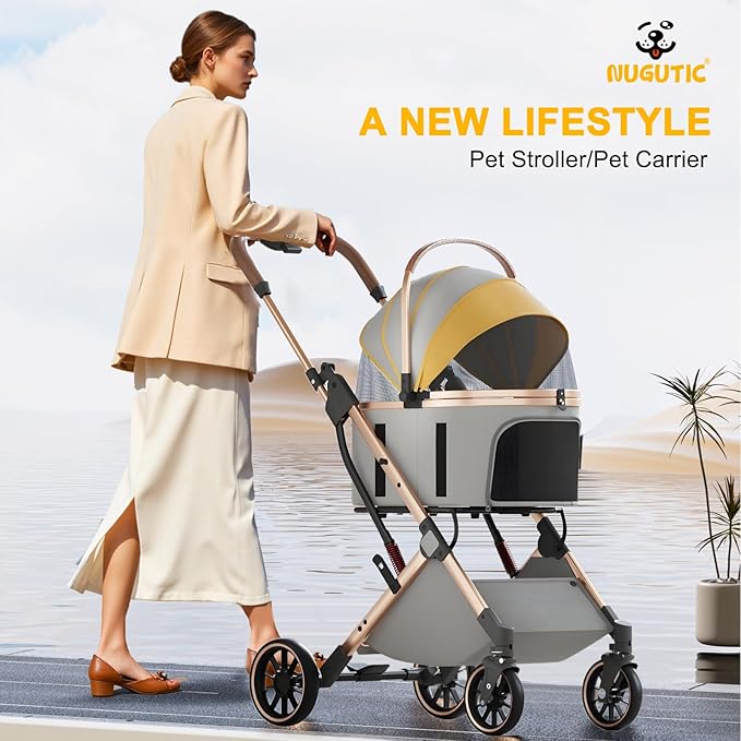 Dog Stroller with 4 Wheels, Folding Pet Stroller for Small, Medium Dogs and Cats up to 50lbs, Detachable Carrier, Storage Basket, Car Seat 3 in 1 Multifunctional (Grey)
