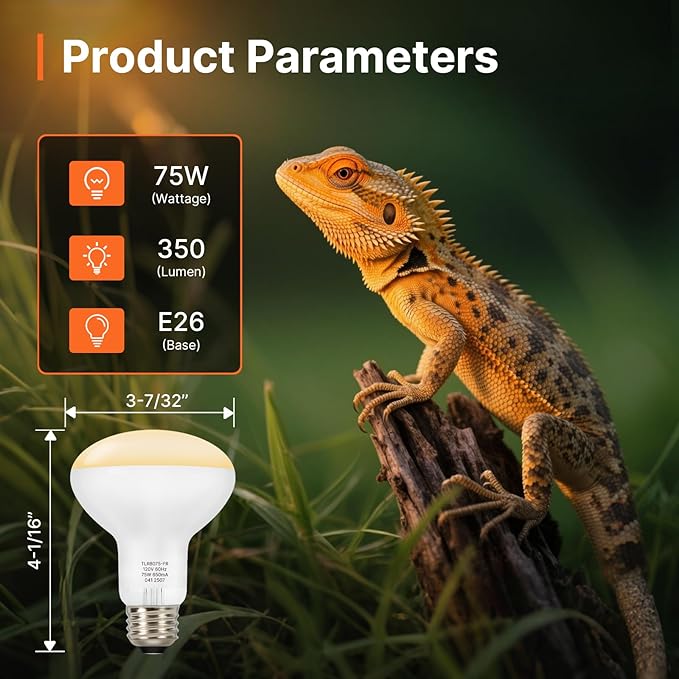 ALAMPEVER 2 Pack Reptile Heat Bulb, 75W Basking Light for Bearded Dragon, E26 Base, Durable Basking Bulb for Amphibian, Lizard, Tortoise, Gecko