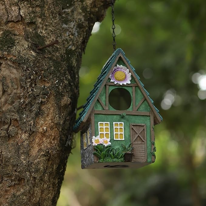 Green Resin Bird House with Slanted Roof, 1.5" Entry Hole Weatherproof Outdoor Decor for Cardinals Finches, Rustic Bird Sanctuary for Backyard Patio Garden