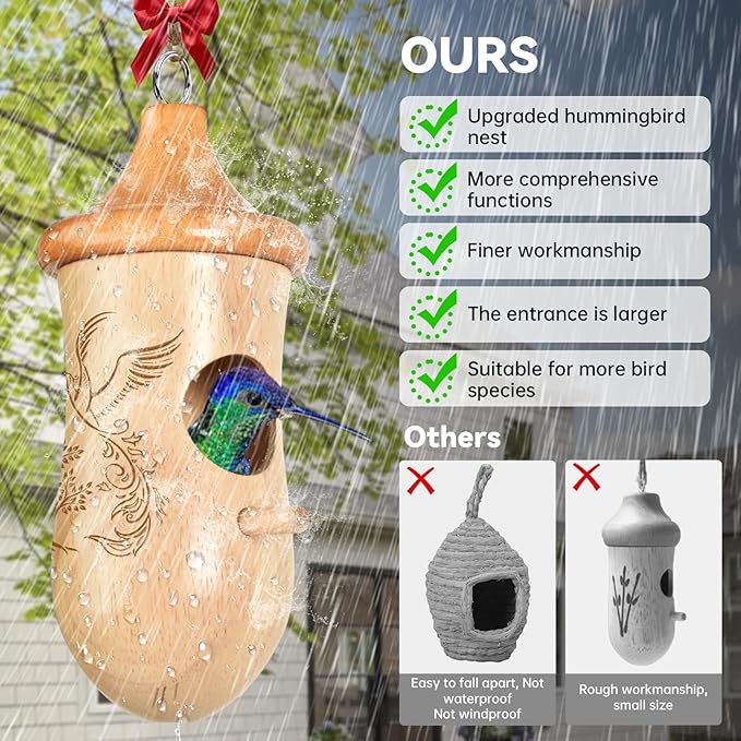 Hummingbird House, Solid Wood Hummingbird Houses for Outside-Exquisitely Handcrafted Birdhouse with Ribbon and String Hanging Kit, Durable Garden Decor, Perfect Gardening Gift(Style-EFG, 3 Pack)