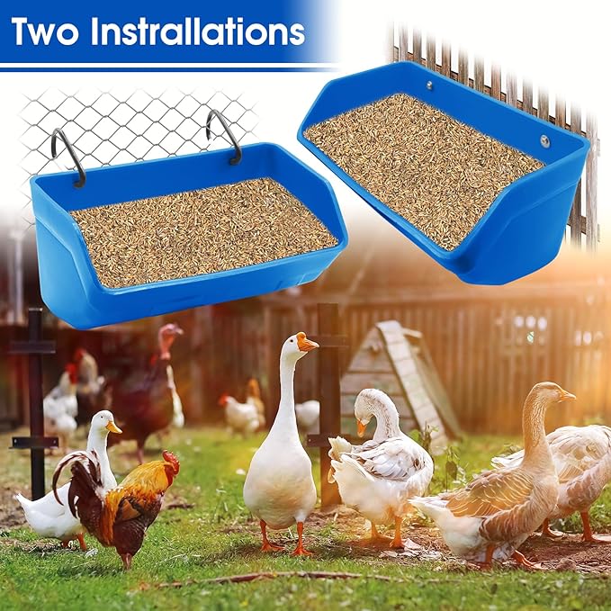 Fence Hanging Chicken Feeder - 4 Pack Feed Trough with Clips for Goat Duck Sheeple Horse Goose, Pig Poultry, Chicken Feeder Bucket Feeding Container for Livestock (Blue)