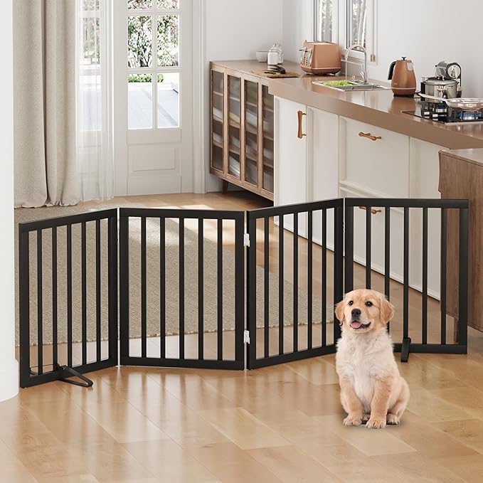 Dog Gate, Freestanding Dog Gates for Doorways, Foldable Dog Gate Indoor, Pet Gates for Doorways Bedroom, Puppy Gate with Metal Support Feet, Room Divider 4 Panels (Black)