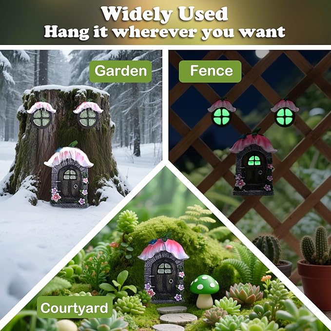 Attivolife Fairy Door and Windows for Outdoor - Glow in The Dark Treehouse Garden Lawn Decor Magical Yard Art Resin Sculpture Fairies House Kit Gift for Kids Girl Women Plant Lovers