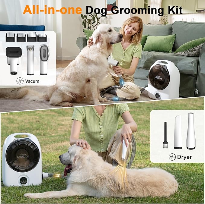 5-in-1 Dog Vacuum Grooming Kit, Low Noise Doggie Hair Blow Dryer, 2.5L Canister, Portable Pet Trimmers for Dogs, White