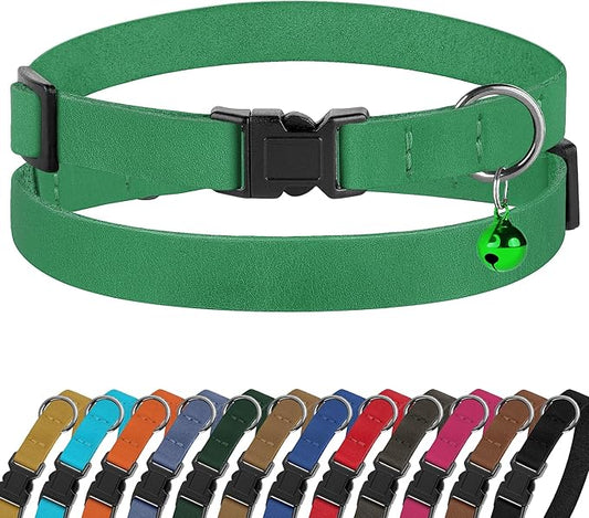 Breakaway Cat Collar Leather with Removable Bell - 13 Colors Available - Soft Adjustable Girl Boy Safety Lightweight Pet Kitten Collars Pink Brown Blue Green Red Orange Black (Green)