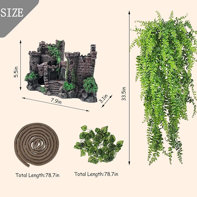 PINVNBY Reptile Resin Castle Decoration,Bearded Dragon Habitat Accessories Crested Gecko Hideouts Cave Reptiles Vines Flexible Jungle Climbing Vines Decor for Chameleon Snake Gecko Lizard(4 Pcs)
