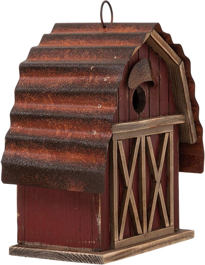 Glitzhome 10.25" H Hanging Birdhouse Rustic Wooden Barn Garden Bird House for Outdoor
