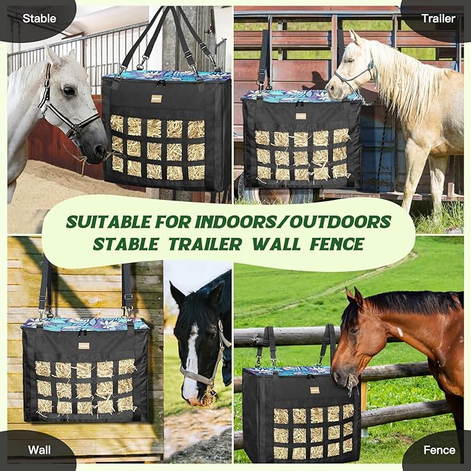 New Version Hay Bags for Horses,Slow Hay Feeder Bags for Goats,Sheep,Super Tough Oxford with Front Hay Nets Design, Double Reinforced Webbing Upgraded Metal Clips for Durable (Leaf)