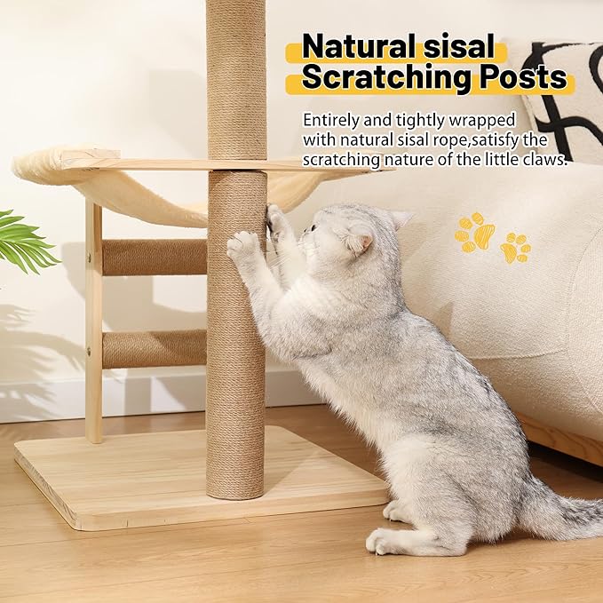 KVIDA Extra-Sturdy Wooden Cat Tree for Large Cats โ Modern 3-Level Tower with Hammock, Anti-Tip Sisal Posts & Oversized Perch, Ideal for Indoor Big Cats & Multi-Cat Homes