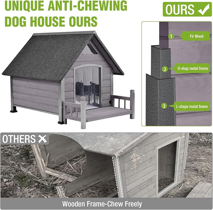 GUTINNEEN Dog House Outdoor with Anti-Bite Metal Frame, Dog Kennel with Porch and Weatherproof Roof for Small, Medium, Large Breeds, Puppy Home Indoor (Grey, 45’’ Medium)