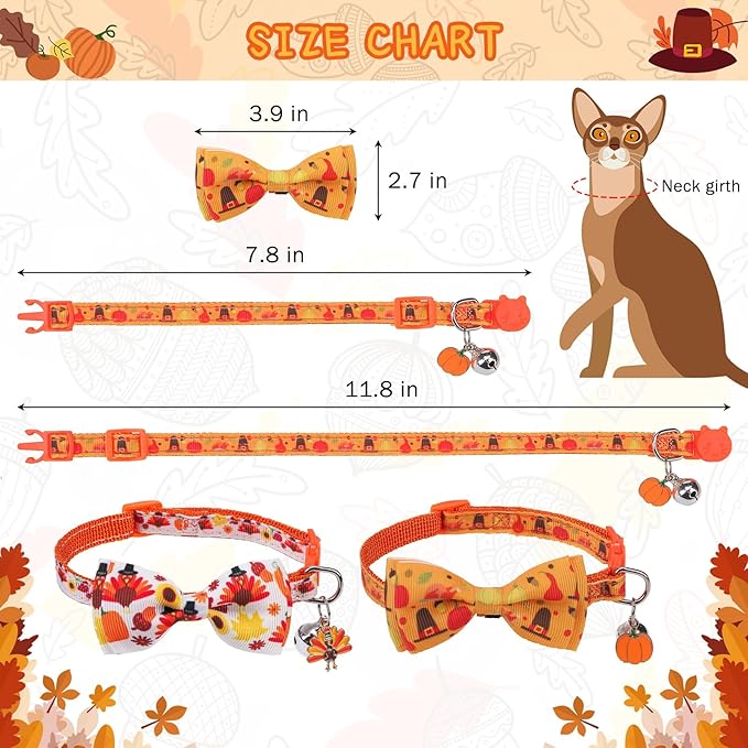 SCENEREAL Fall Thanksgiving Cat Collar Breakaway with Bell, Bowtie and Safety Buckle, 2 Pack Adjustable Cute Holiday Kitten Collars with Turkey & Pumpkin Pattern for Girl Boy, Orange