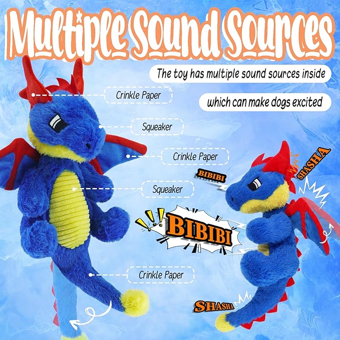 Original Blue Dinosaur Plush Dog Toy, Cute Dog Squeak Toys, Soft Stuffed Animals for Small Medium Large Dogs, Puppy Toys and Surprising Dog Birthday Gifts