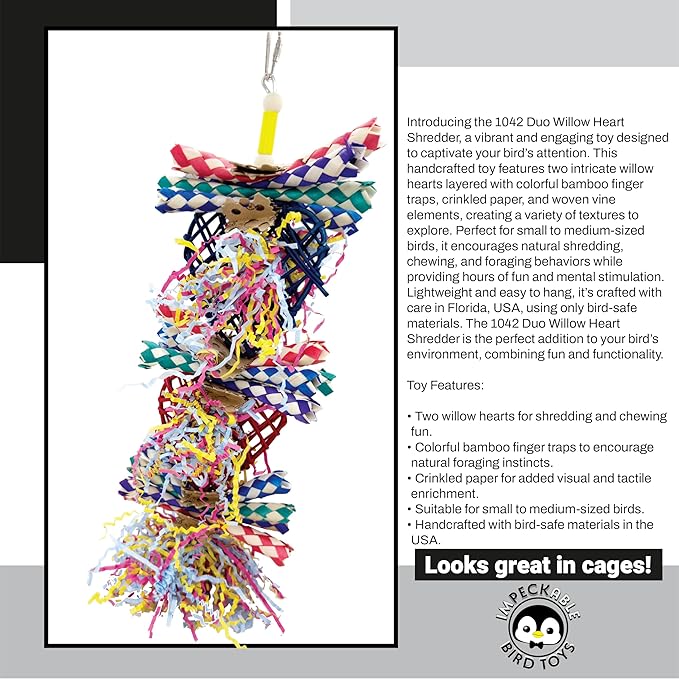 1042 Duo Willow Heart Shredder Bird Toy – Willow, Crinkle Paper & Finger Traps for Shredding & Foraging – Handcrafted by Us – Great for Conures, Greys & Medium to Large Size Birds