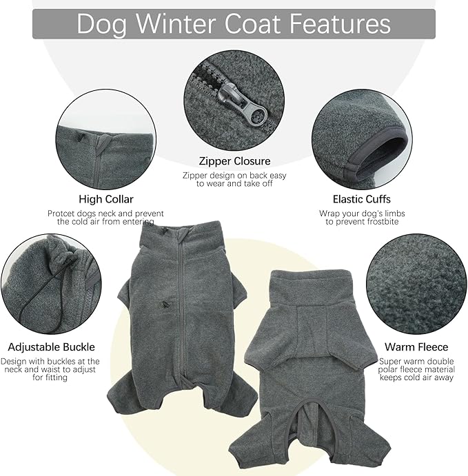 ROZKITCH Dog Winter Coat Soft Fleece Pullover Pajamas, Pet Windproof Warm Cold Weather Jacket Vest Cozy Jumpsuit Apparel Outfit Clothes for Small Medium Large Dog Walking Hiking Sleep Grey2XS