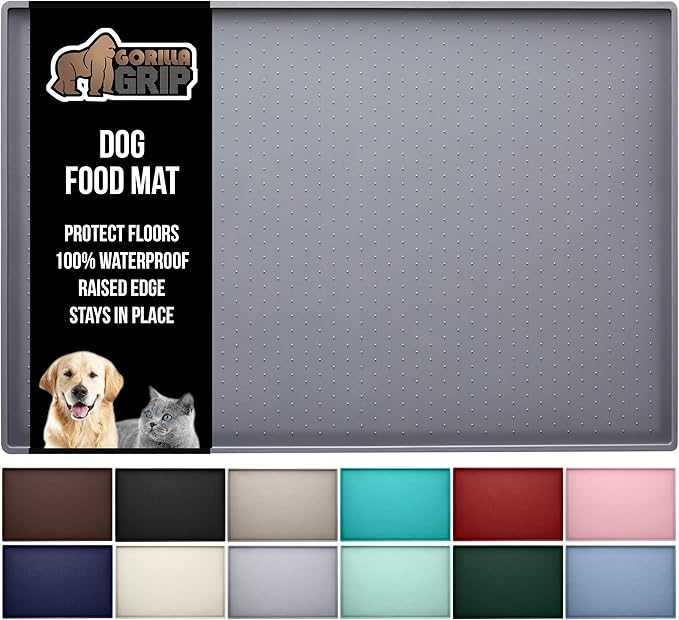 GORILLA GRIP 100% Waterproof Raised Edge BPA Free Silicone Pet Feeding Mat, Dog Cat Food Mats Contain Spills Protects Floors, Placemats for Cats and Dogs Water Bowl, Pets Accessories 32x24 Gray