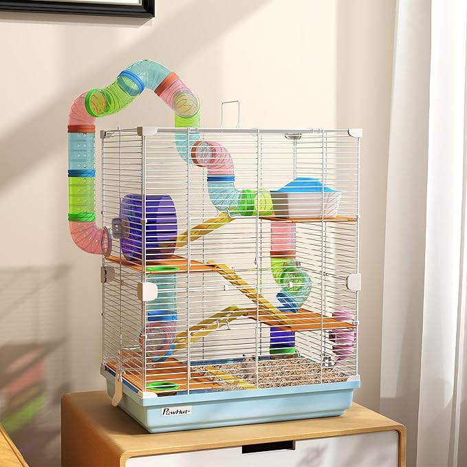 PawHut 18" 5 Tier Hamster Cage with Tubes and Tunnels, Small Animal Cage with Portable Carry Handle, Gerbil Cage with Water Bottle, Food Dish, Exercise Wheel, Light Blue