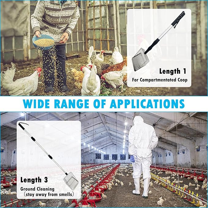 PINVNBY Stainless Steel Chicken Poop Scooper 3 in 1 Adjustable Long Handle Poop Scooper for Chicken(21.8" to 38.6") Multifunctional Chicken Coop Cleaning Tools Sifting Shovel Chicken Coop Accessories