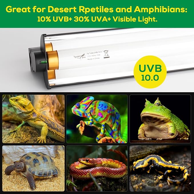 T8 10.0 UVB Reptile Light Fixture UVB Bulb Lighting Combo Kit, HO 17W UVB Light for Reptiles Terrarium Hood with Reptile UVB Light Bar UVB Tube Light Lamp Desert for Bearded Dragon Turtle Tank, 24Inch