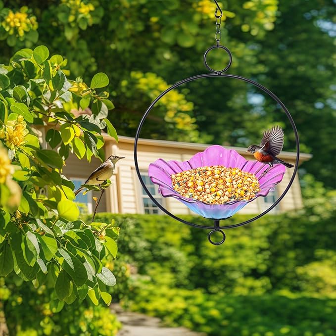 MUMTOP Hanging Bird Bath-Bird Baths for Outdoors - Flower Glass Bird Water Bowl with Hanging Circle, Bird Feeders for Outside, Garden, Lawn Yard Decor(Pink)