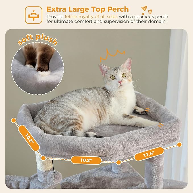 Tall Cat Tree for Indoor Cats Large Adult, 71.2" Multi-Level Cat Tower with 2 Spacious Condos, 3 Hammocks, Super Large Top Perch, 2 Pompoms, Grey