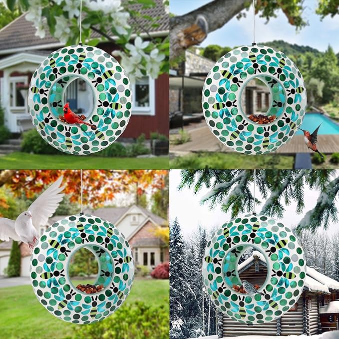 Yinns Bird Feeder - Fly Through Hanging Glass Large Bird Feeders for Outdoors Circle Wild Bird Mosaic Feeders Seed Container 9 inch