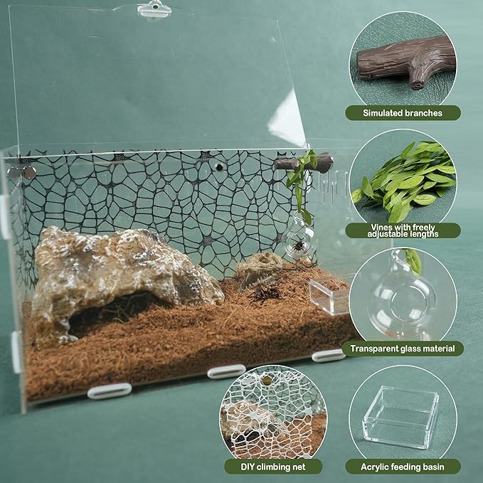 5Pcs Jumping Spider Hide Enclosure Habitat Accessories with Decoration Glass Ball, Feed Bowl and Climbing Web, Spider Hideout Accessories, Suitable for Small Reptile (Not Included Enclosures)